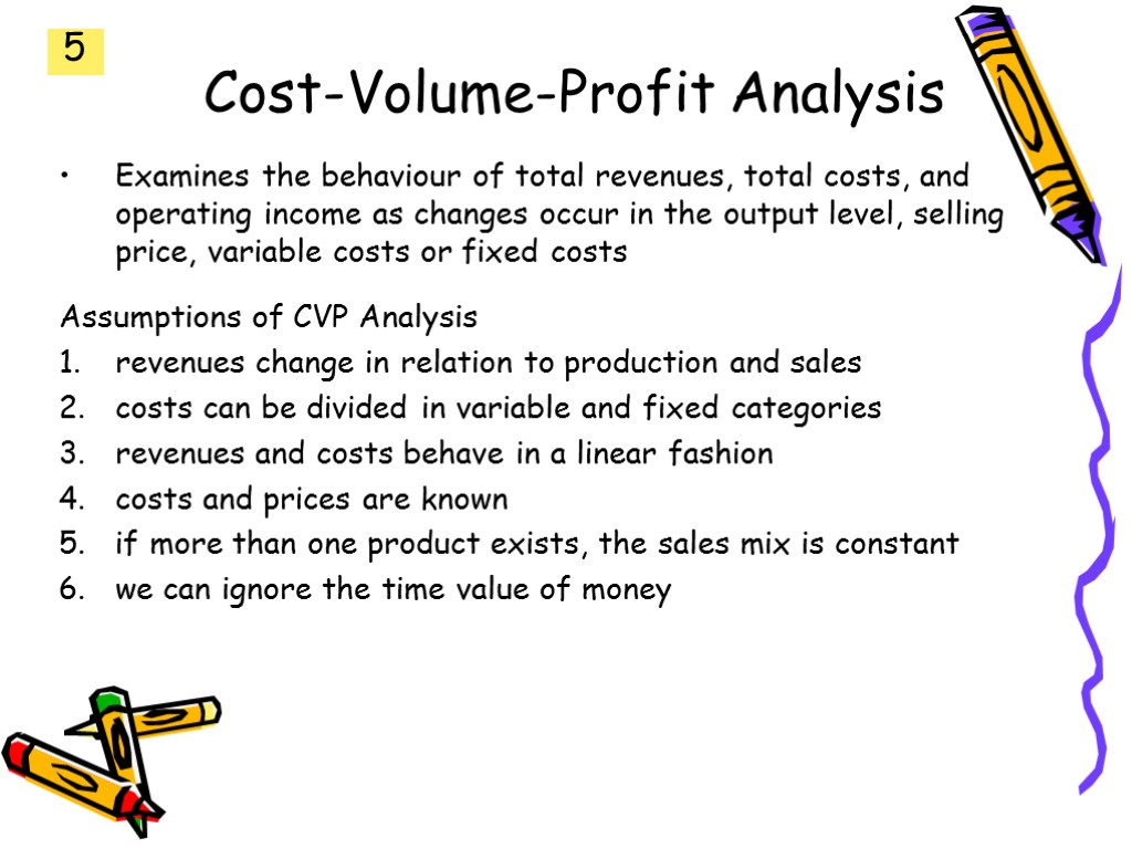 Cost-Volume-Profit Analysis Examines the behaviour of total revenues, total costs, and operating income as